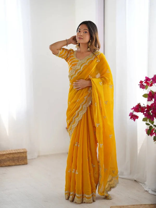 Sunshine Glow Yellow Georgette Saree with White Embroidery