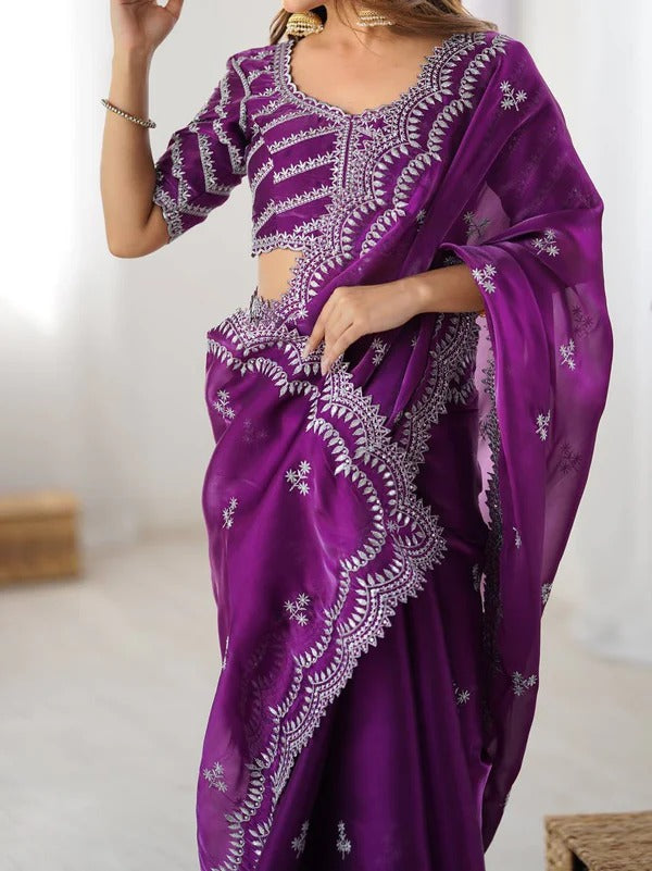 Royal Purple Georgette Saree with Intricate White Embroidery