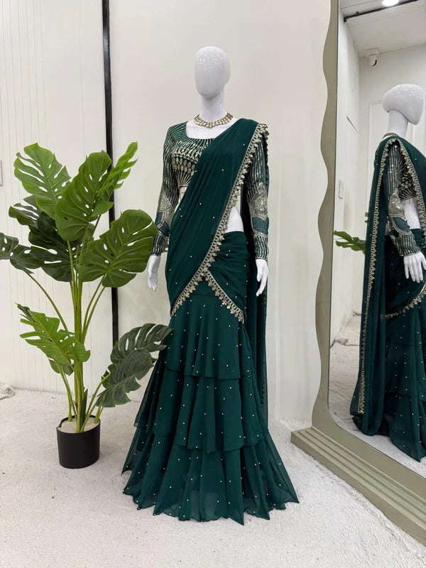 Emerald Green Ruffle Lehenga Saree with Embellished Blouse & Pearl Detailing