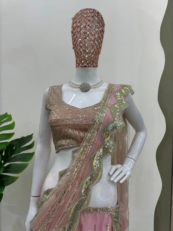 Blush Pink Net Ready to wear Lehenga Saree with Golden Sequin Embellishments & Designer Blouse