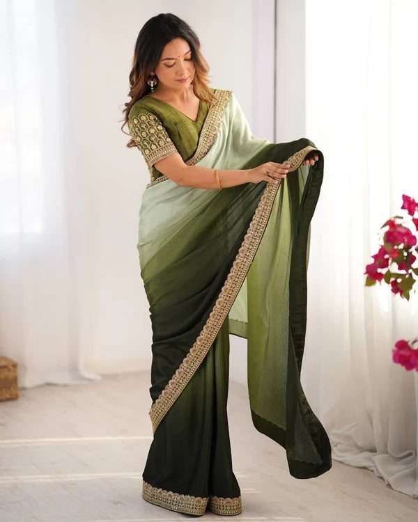Ombré Olive Green Saree with Embroidered Border