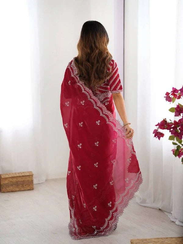 Elegant Red Saree with Intricate Thread Work