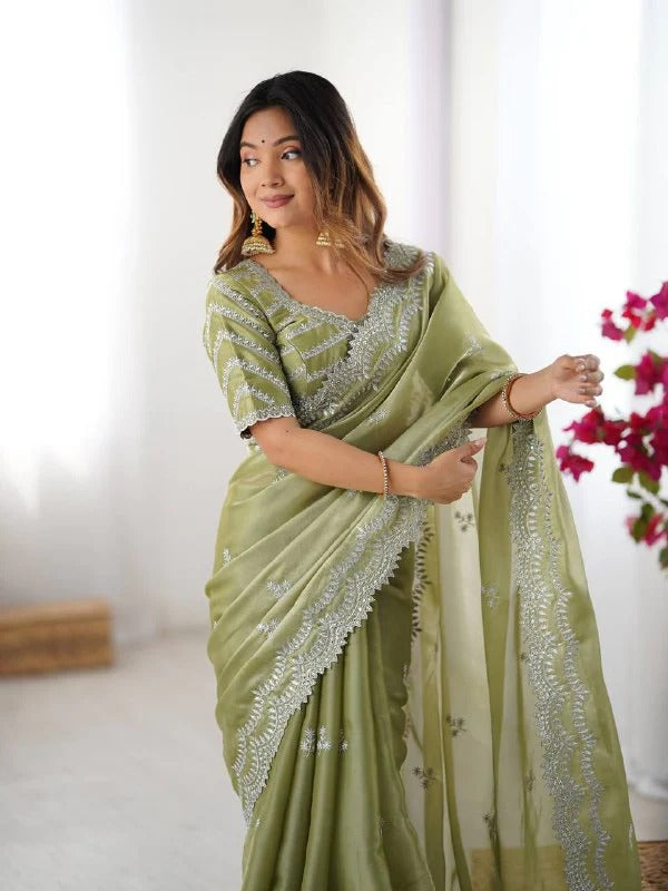 Lightweight Olive Green Saree with Silver Thread Embroidery