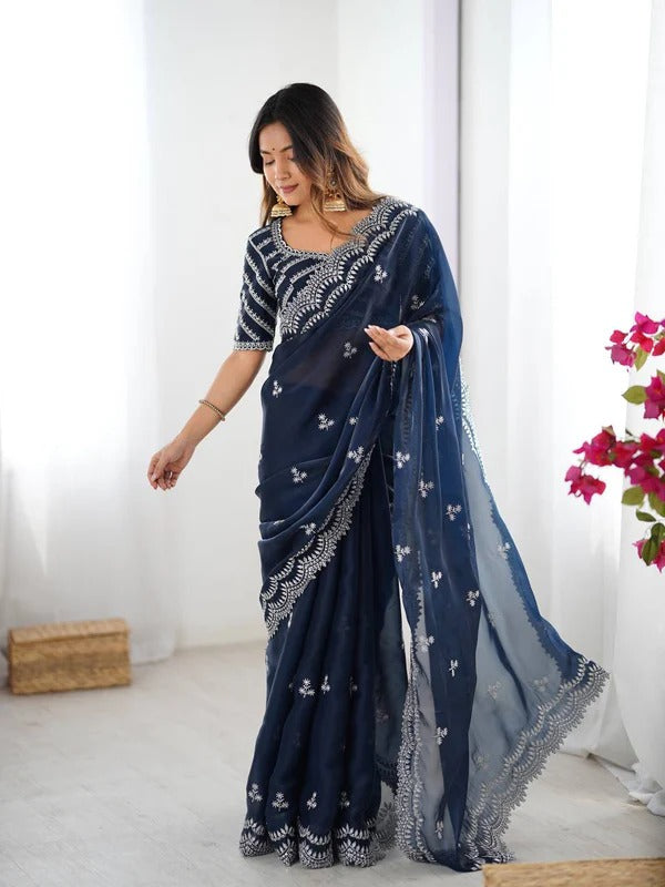 Navy Blue Saree with Intricate Thread Work