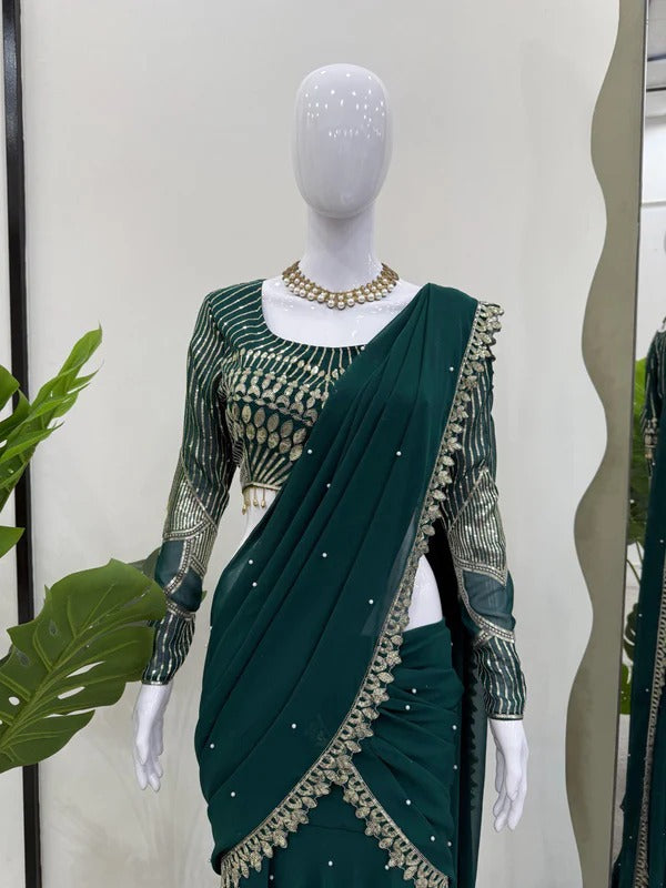 Emerald Green Ruffle Lehenga Saree with Embellished Blouse & Pearl Detailing