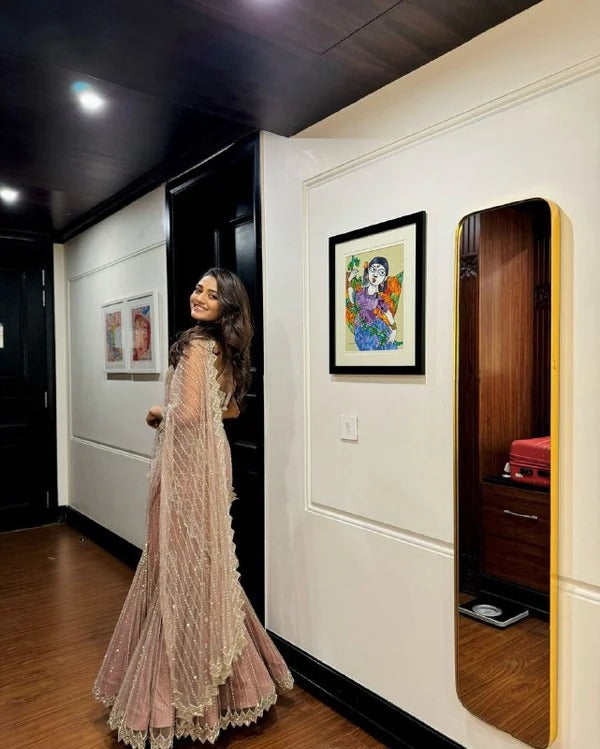 Blush Pink Net Ready to wear Lehenga Saree with Golden Sequin Embellishments & Designer Blouse