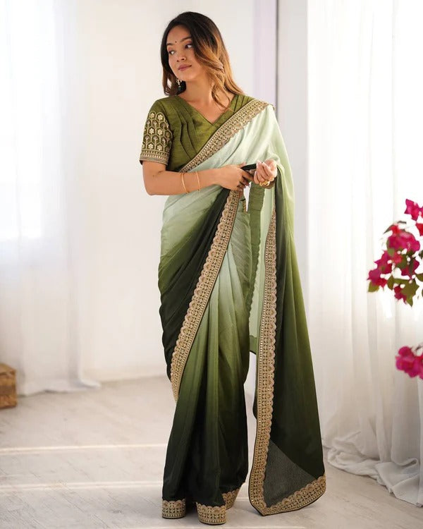 Ombré Olive Green Saree with Embroidered Border