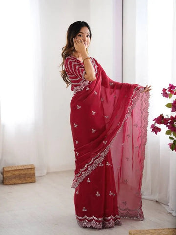 Elegant Red Saree with Intricate Thread Work