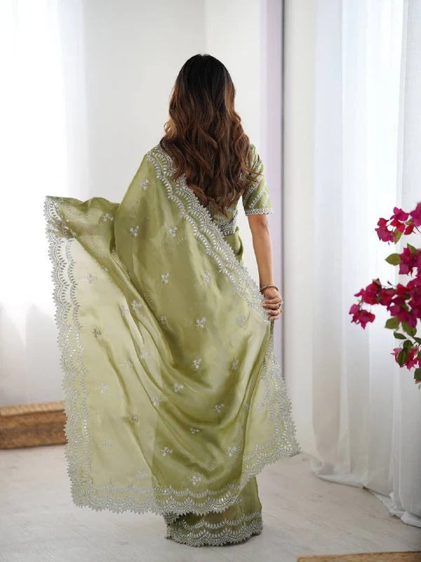 Lightweight Olive Green Saree with Silver Thread Embroidery