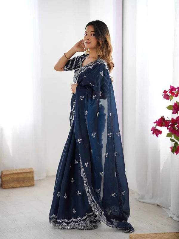 Navy Blue Saree with Intricate Thread Work