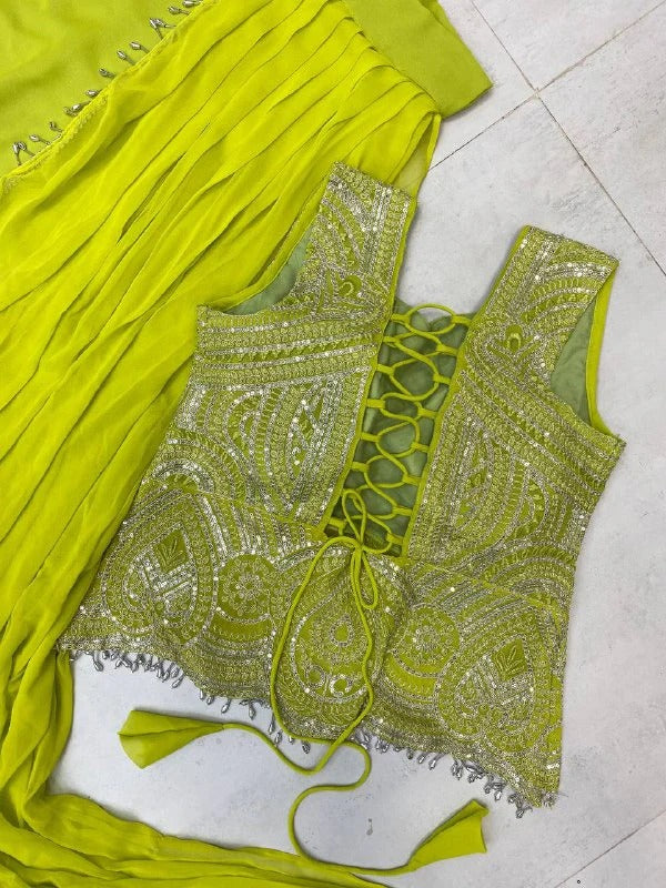 Designer Pre-Draped Lime Green Saree with Heavily Embellished Blouse