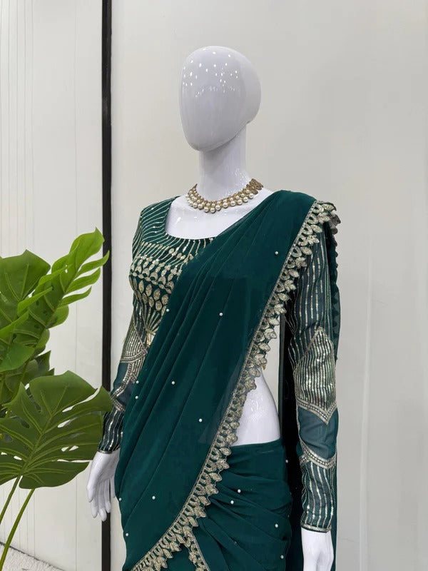 Emerald Green Ruffle Lehenga Saree with Embellished Blouse & Pearl Detailing
