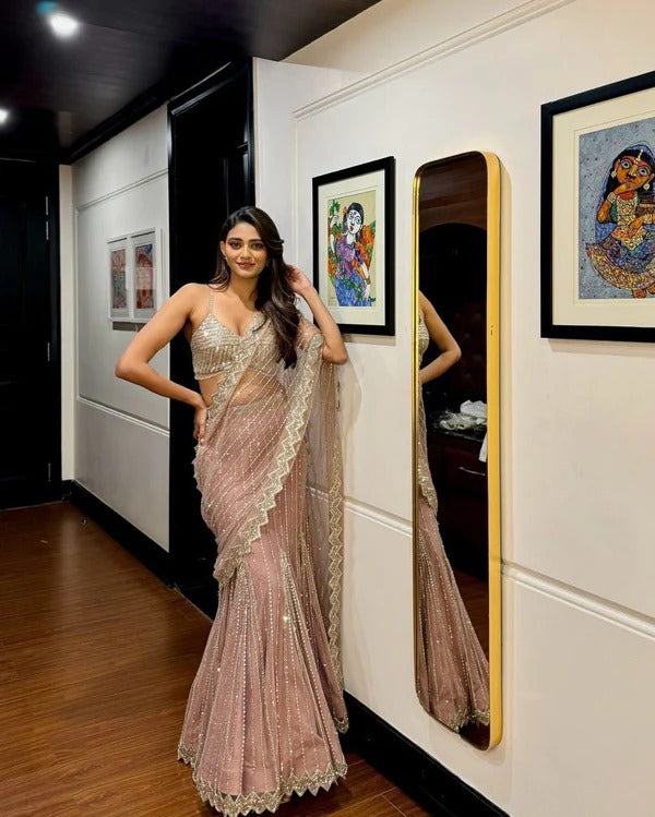 Blush Pink Net Ready to wear Lehenga Saree with Golden Sequin Embellishments & Designer Blouse