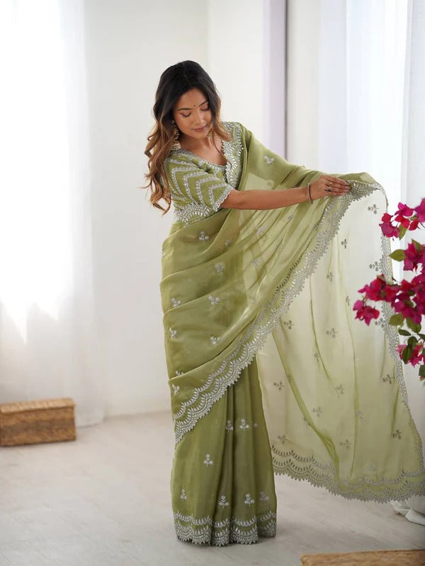 Lightweight Olive Green Saree with Silver Thread Embroidery