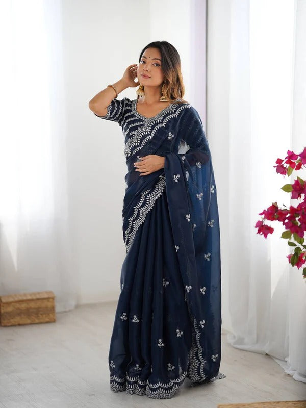 Navy Blue Saree with Intricate Thread Work