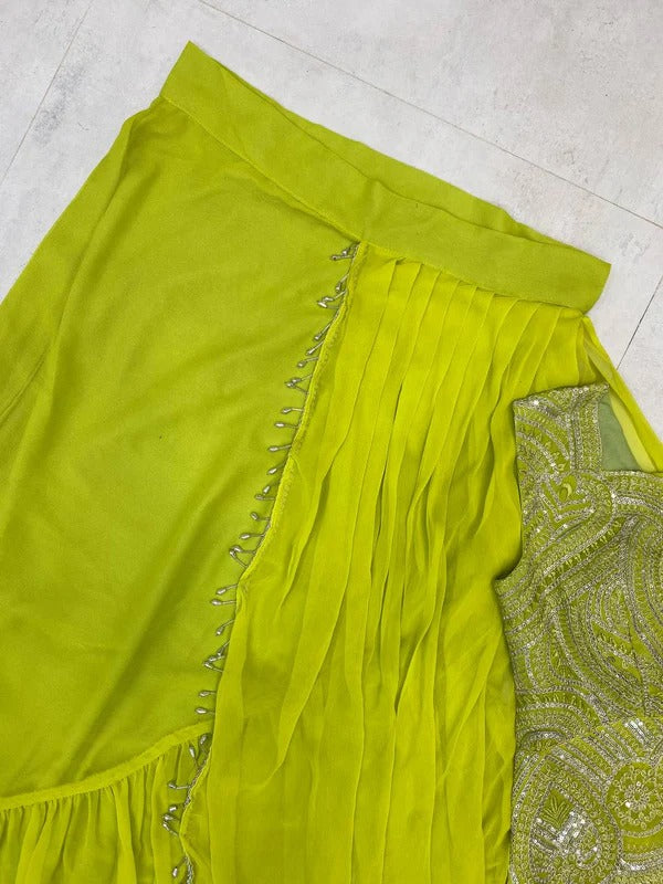 Designer Pre-Draped Lime Green Saree with Heavily Embellished Blouse