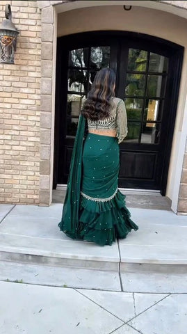 Emerald Green Ruffle Lehenga Saree with Embellished Blouse & Pearl Detailing