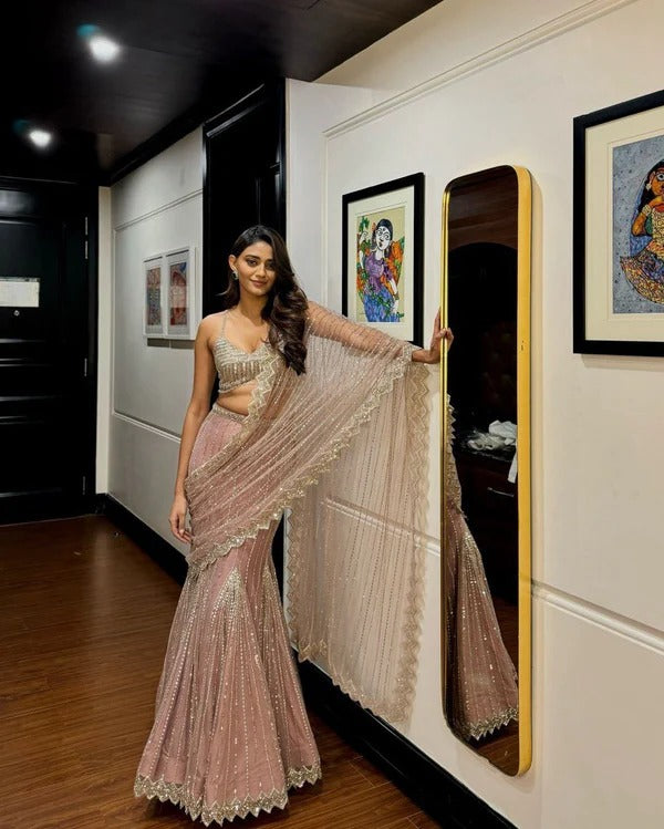 Blush Pink Net Ready to wear Lehenga Saree with Golden Sequin Embellishments & Designer Blouse