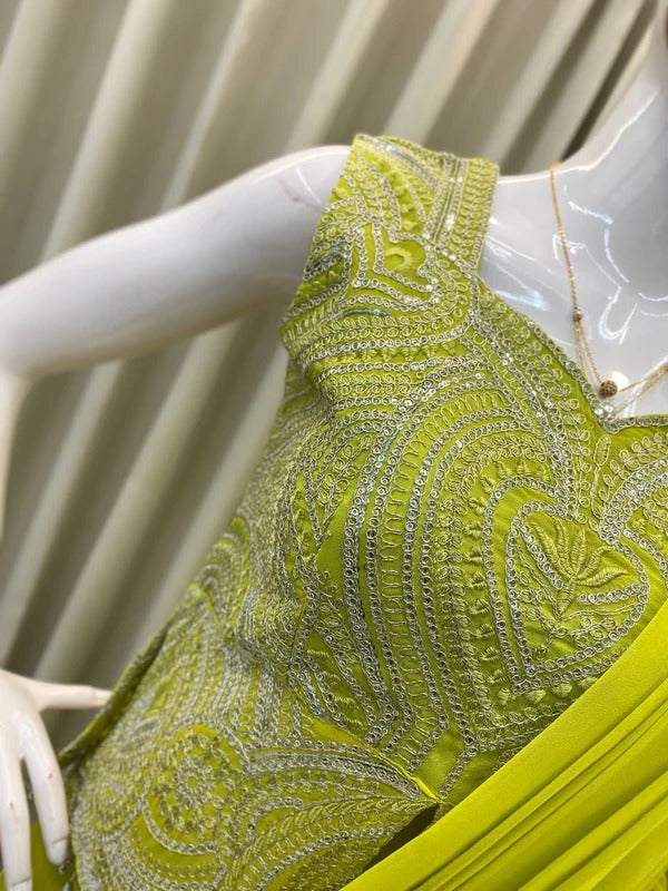Designer Pre-Draped Lime Green Saree with Heavily Embellished Blouse