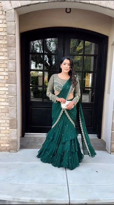 Emerald Green Ruffle Lehenga Saree with Embellished Blouse & Pearl Detailing
