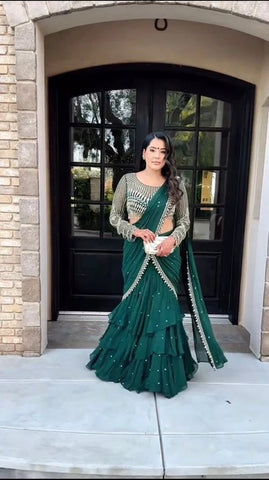 Emerald Green Ruffle Lehenga Saree with Embellished Blouse & Pearl Detailing
