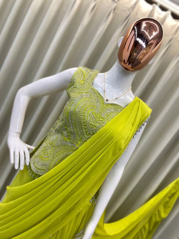 Designer Pre-Draped Lime Green Saree with Heavily Embellished Blouse