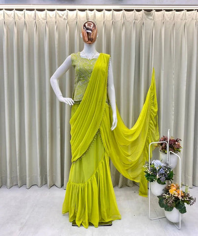 Designer Pre-Draped Lime Green Saree with Heavily Embellished Blouse