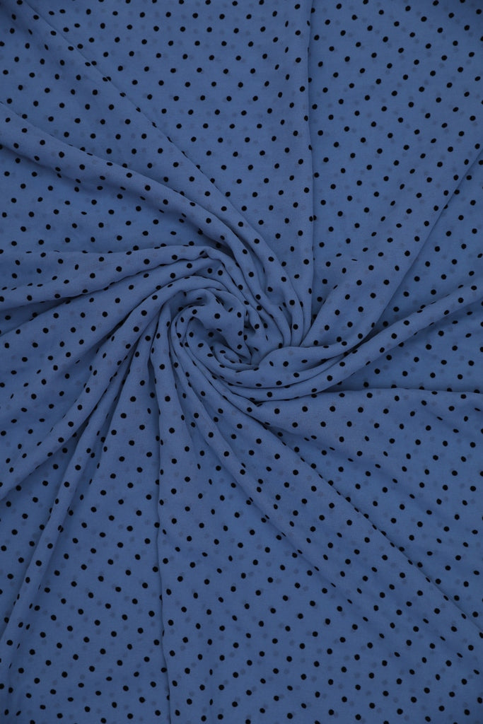 Vintage Blue Black Polkadots Big Width Georgette Fabric