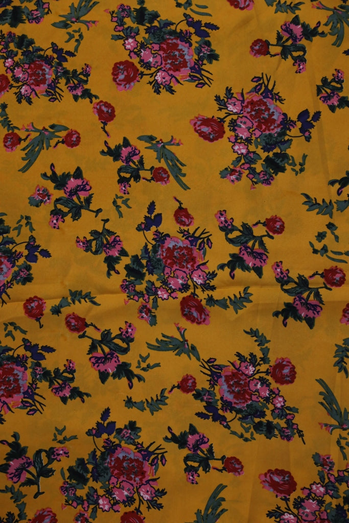 Mustard Yellow Floral Small Width Crepe Fabric
