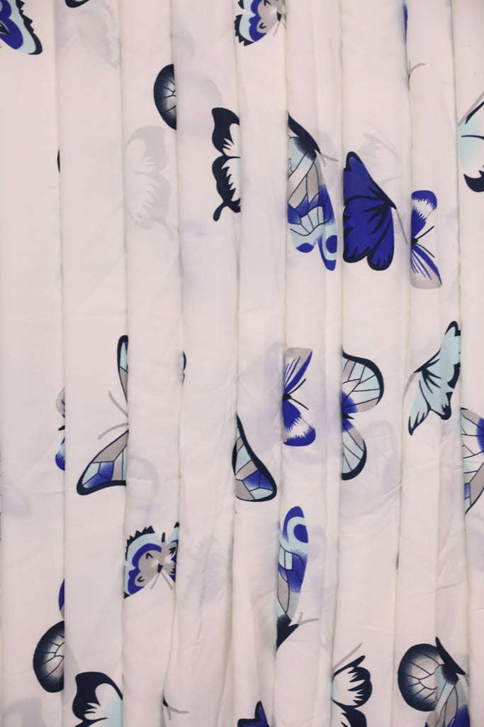 White And Blue Butterfly Small Width Crepe Fabric