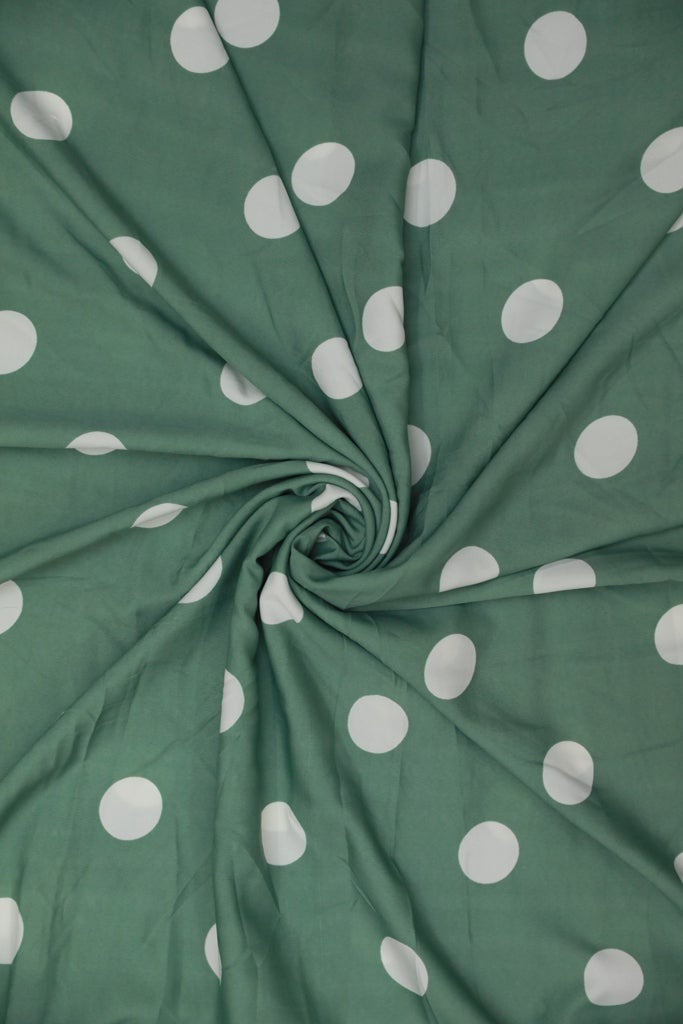 Pastel Green And White Bog Polka Dots Normal Width Crepe Fabric
