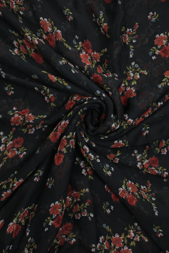 Black And Red Floral Normal Width Chiffon Fabric