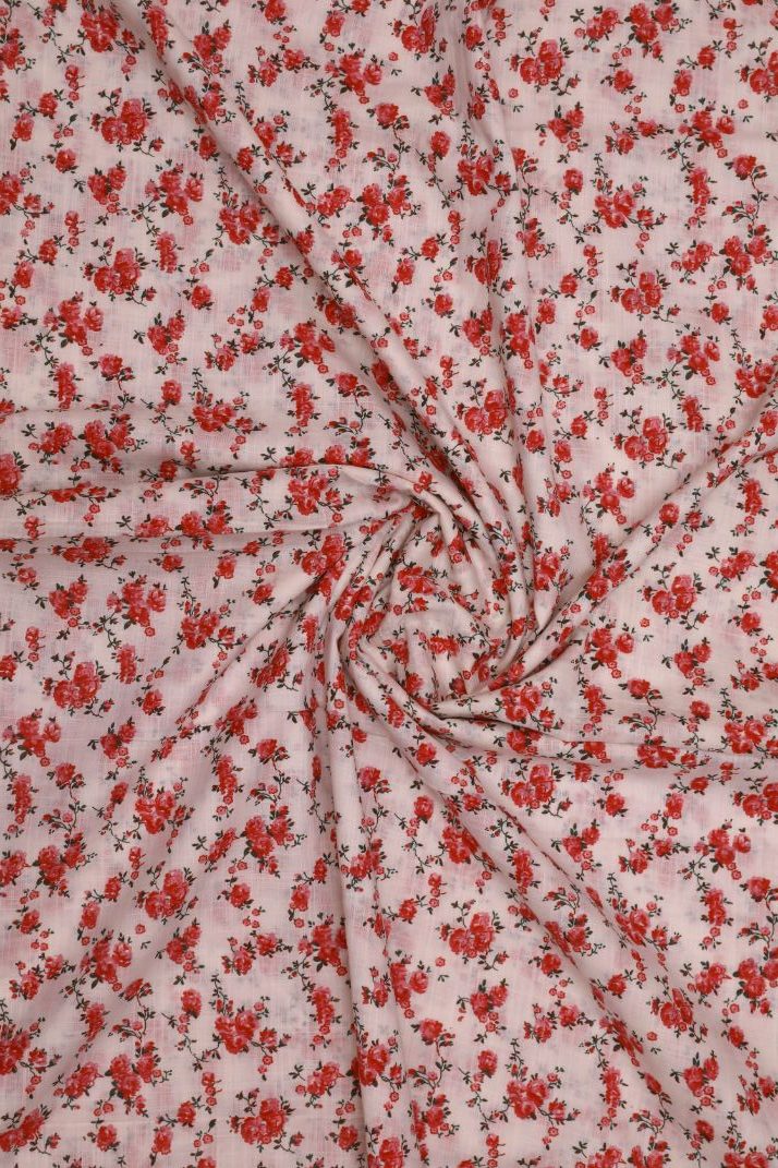 Half White and Pink Floral Big Width Cotton Fabric