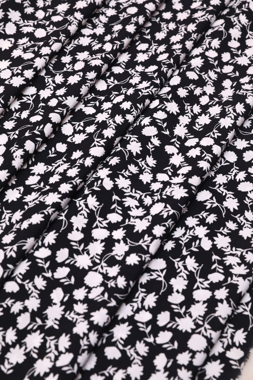 Black and White Floral Crepe Fabric