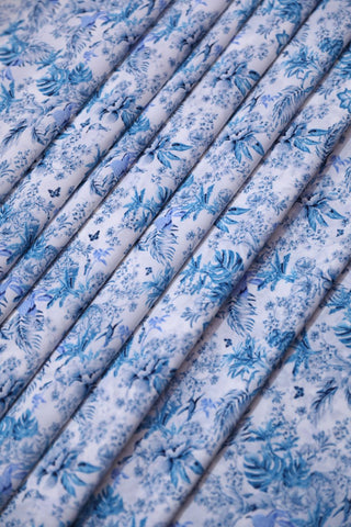White and Blue Floral Big Width Georgette Fabric