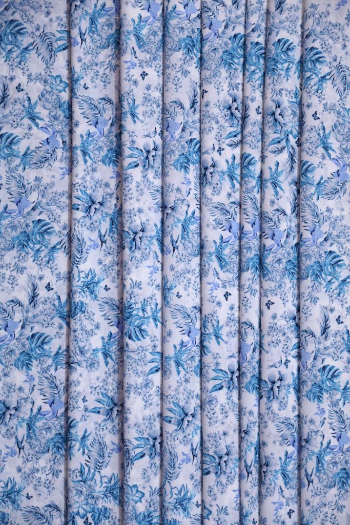 White and Blue Floral Big Width Georgette Fabric