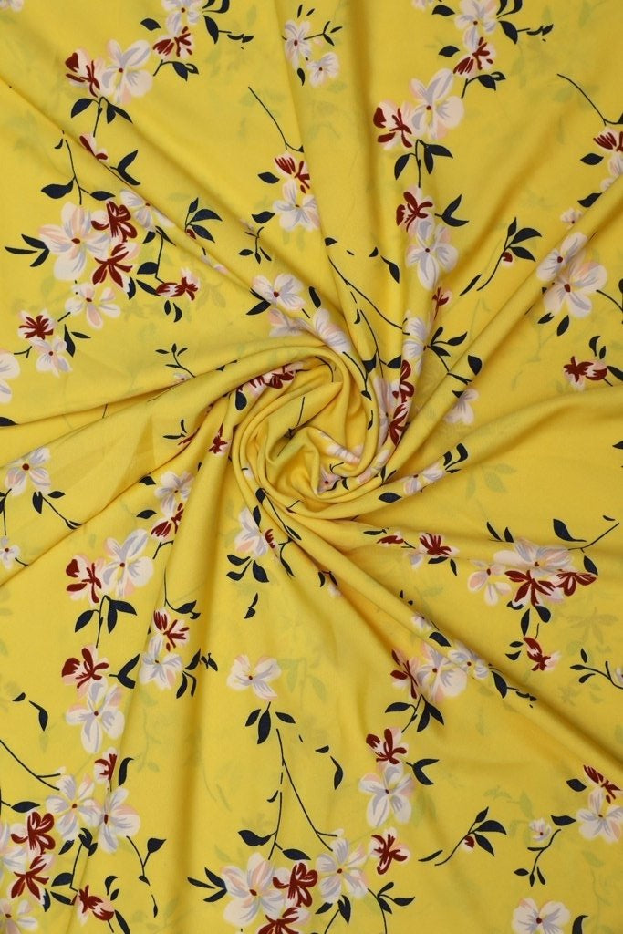 Lemon Yellow Floral Crepe Fabric